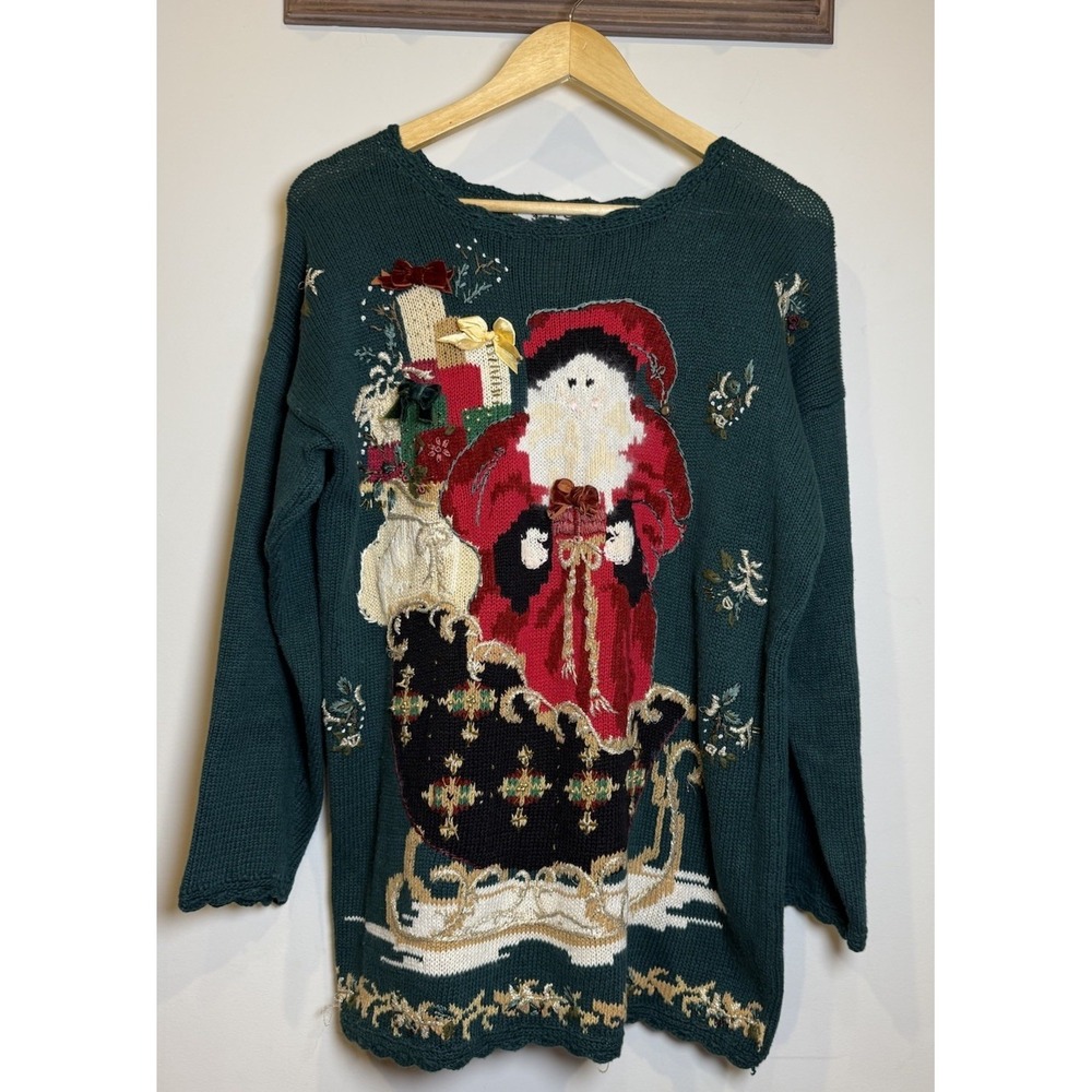 VTG 90s HEIRLOOM COLLECTIBLES Women Green Christmas Santa St.Nick Sweater S